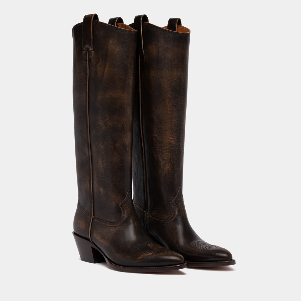 BUTTERO: BOTTE ANNIE EN CUIR AGED NUANCE NOYER