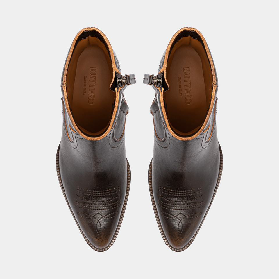 BUTTERO: ANNIE ANKLE BOOTS IN AGED NATURAL LEATHER COLOR WALNUT