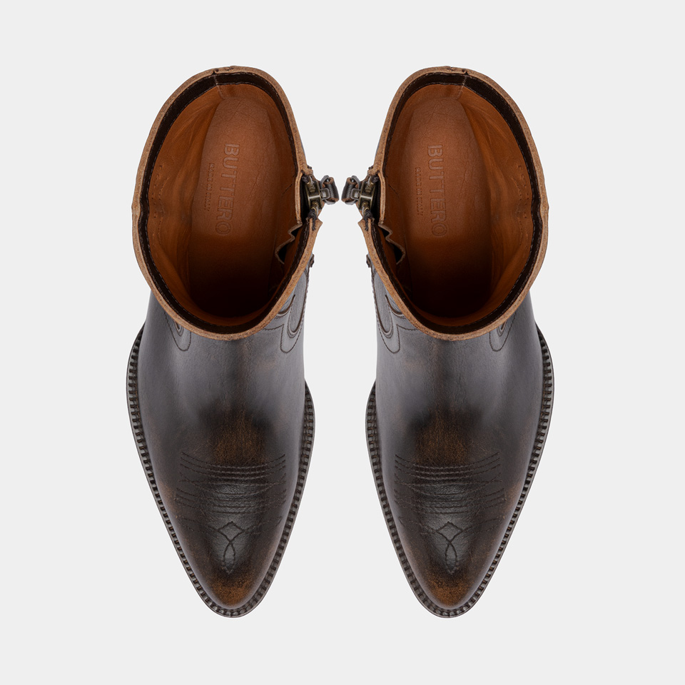 BUTTERO: ANNIE ANKLE BOOTS IN AGED NATURAL LEATHER WALNUT