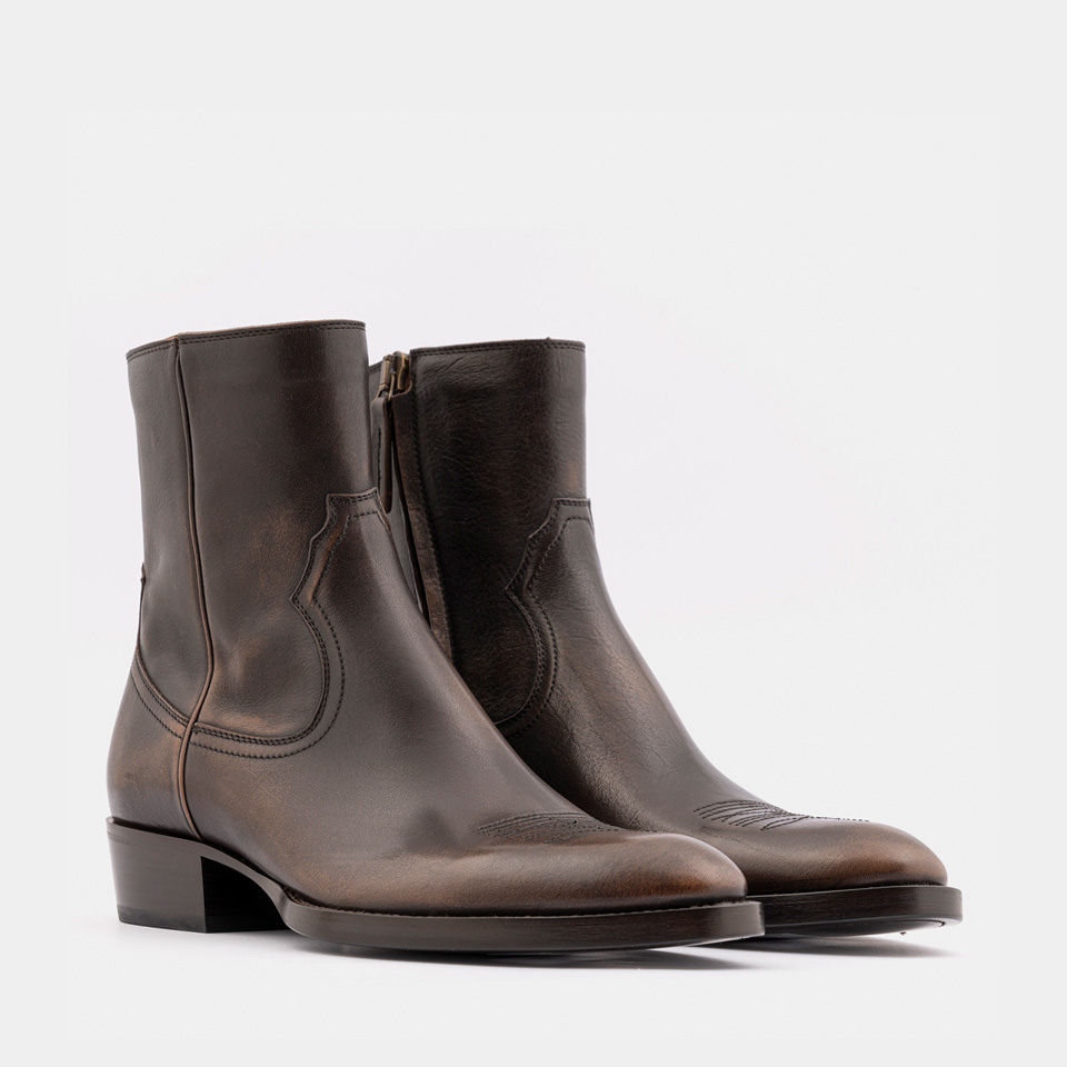 BUTTERO: BOTTINE SANTOMATO EN CUIR NOYER EFFET VIEILLI