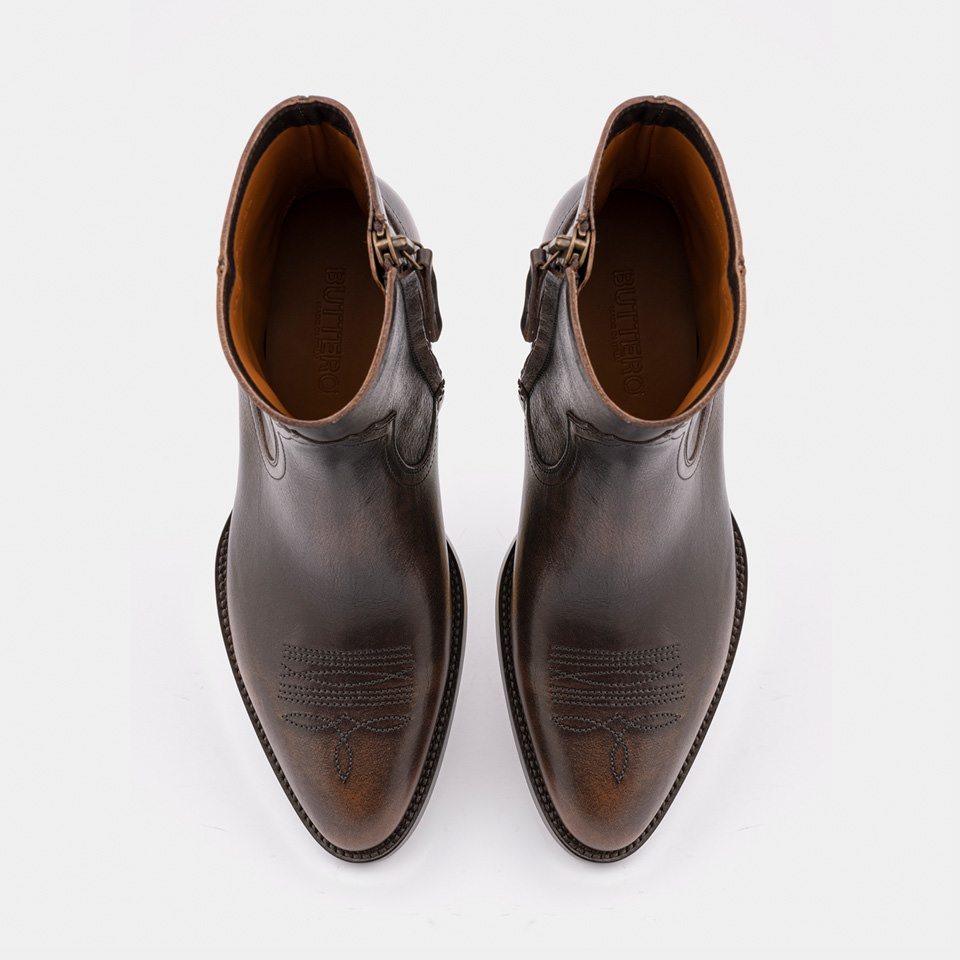 BUTTERO: BOTTINE SANTOMATO EN CUIR NOYER EFFET VIEILLI