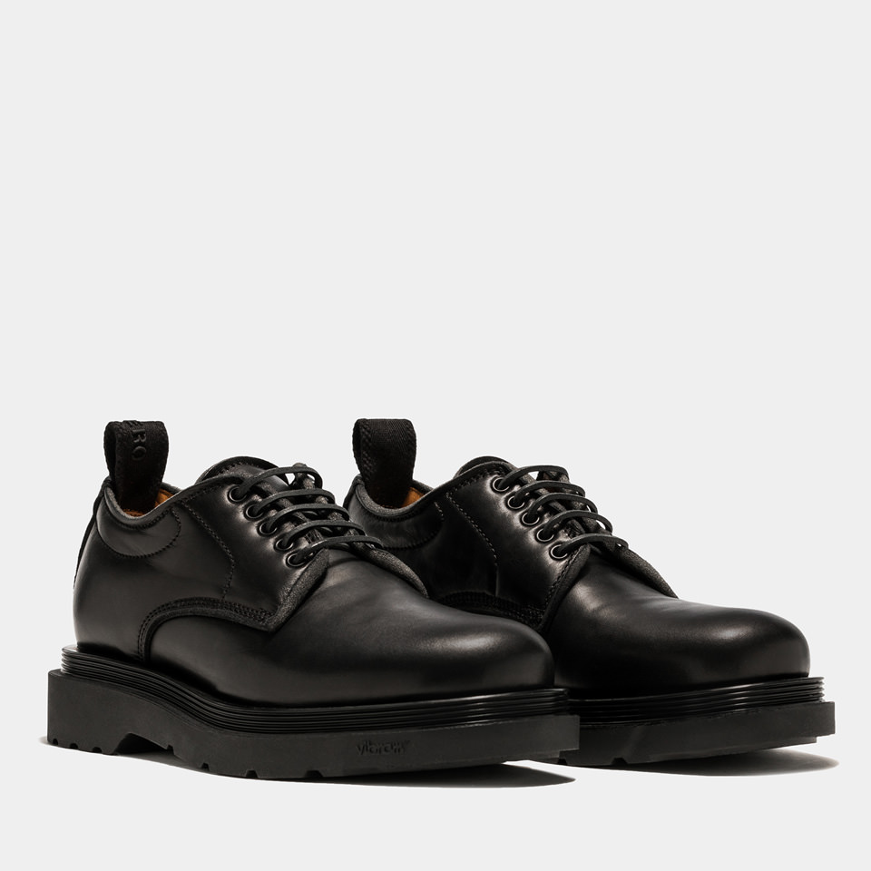 BUTTERO: STORIA DERBY SHOES IN PADDED BLACK LEATHER